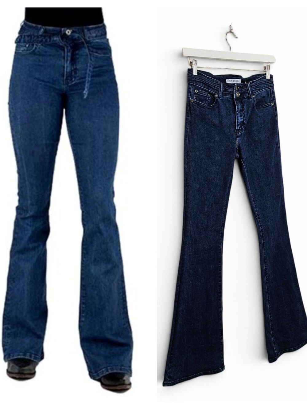 Stetson Flare Jeans 6L Long High Rise Self Tie Western Cowgirl Blue Denim
